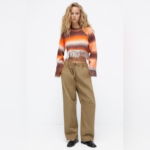 NEW Zara Brown & Orange Ombre Fringe Knit Crop Sweater Sz Small - Picture 1 of 12